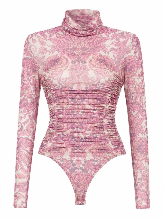 Free People Tops - Free People Pink Paisley Ruched SHEER  Turtleneck Bodysuit